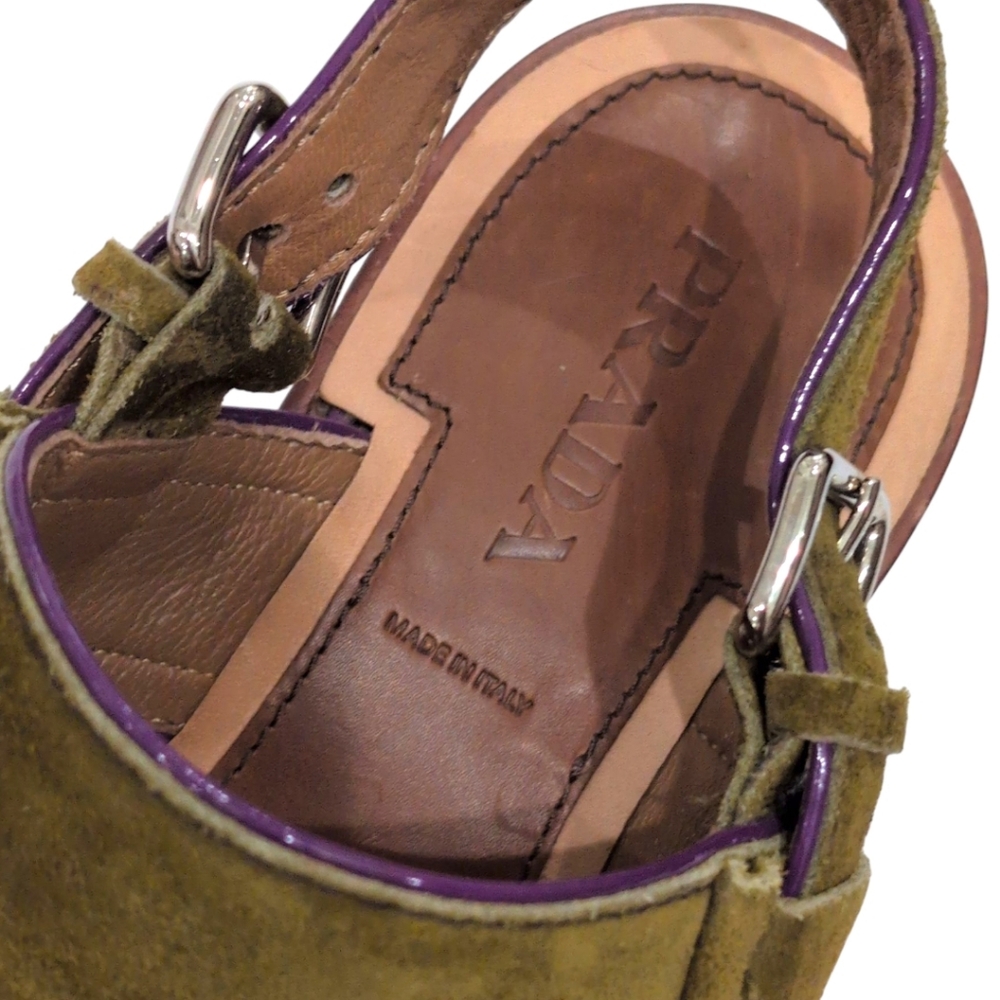 Prada Suede Slingback Buckle Sandals Stack Heels Size 39.5 Olive - Picture 7 of 8